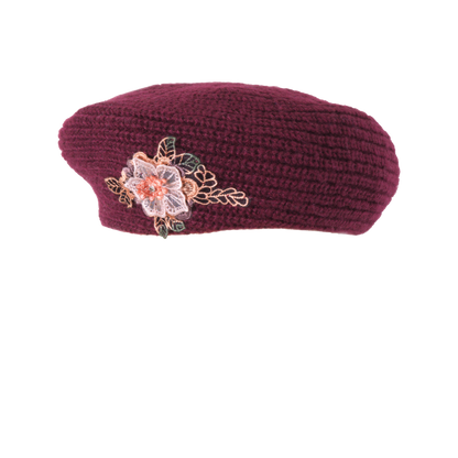 Knit Beret w/ Applique Burgundy